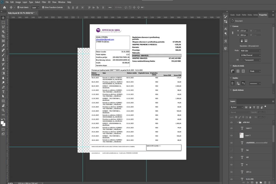 Serbie Relevé de compte de la Komercijalna Banka Modèle Word et PDF template